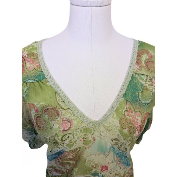 Vintage Y2K Forest Fairy Top Sheer Green Sparkle Paisley Ruffle Mesh Floral XL - Picture 3 of 10